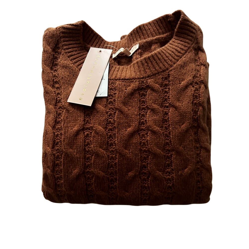 NWT Evolutionary Tobacco Long Sleeve Pullover Rib Crew Neck Cable Sweater-Med - Picture 7 of 12